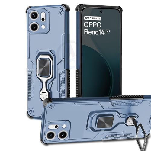 Image of AESTMO Armor Back Cover for Oppo Reno 14 5G | Ring Holder & Kickstand & Camera Protection in-Built | 360 Degree Protection Back Case Cover (Blue)