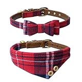The creativehome Dog Cat Collars Leather for Small pet,Adjustable Bow-tie and Scarf Puppy Collars with Bell,Cute Plaid Red Bandana Dog Collar(2 pack)