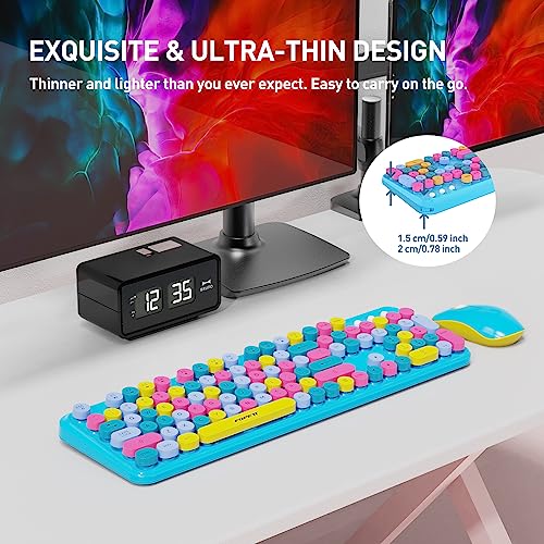Image of Colorful Wireless Keyboard and Mouse Combo, Cute Blue Typewriter Style Round Key Keyboard, 2.4GHz Fun Bubble Full Size Aesthetic Retro Keyboard with Number Pad for Long Nails PC Laptop Desktop