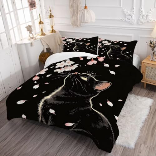 Image of Black Cat Comforter Set Full Size Cherry Blossom Bedding Set | Cute Pink Sakura Floral Print Bedding Set for Girls Women, 3 Pieces Soft Microfiber All Season Bed Set with Pillowcases