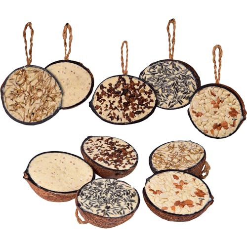 dobar® 10x gefüllte Kokosnuss Vogelfutter zum Aufhängen - 5 Sorten Vogelfutter für die Ganzjahresfütterung - Fettfutter-Füllungen für Wildvögel - Wildvogelfutter 2 kg (1er Pack)