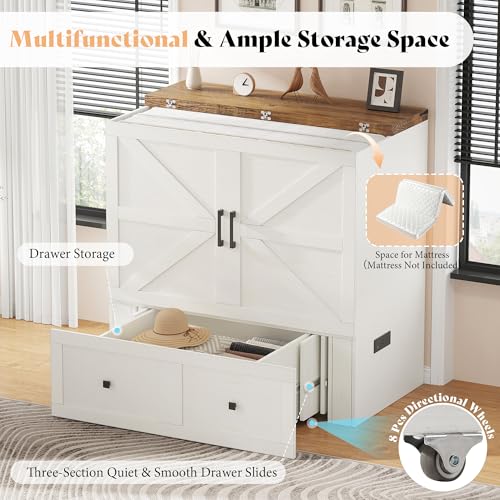 Image of AMERLIFE Twin Murphy Bed Cabinet with Charging Station and Storage Drawer, Farmhouse Foldable Platform Bed for Home Office, Apartment, Small Spaces, Distressed White