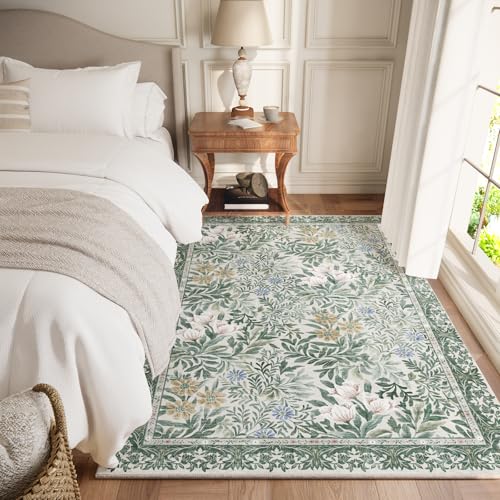 Image of Botanical Floral Area Rug 4x6 Light Green Cream Vintage Garden Design, Perfect for Living Room, Bedroom, Kids Room, Nursery - Stain & Water Resistant Non-Slip, Pet & Child Friendly Area Rugs