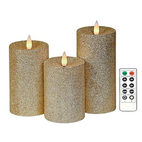 Image of Flameless Pillar Candles Flickering with Remote Timer, Battery Operated LED Candles Up to 400 Hours, 3D Moving Flame Real Wax Candles. (Glitter Gold)