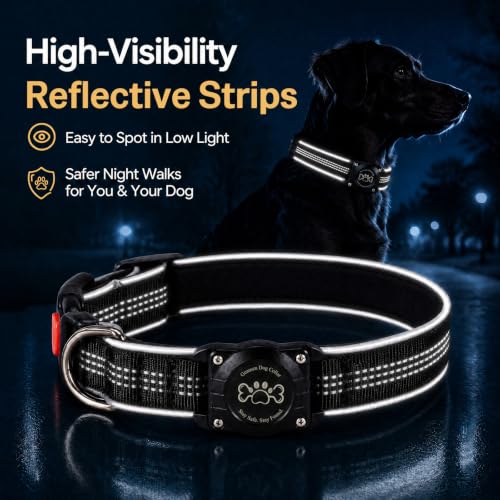 Image of Dog Collar with AirTag Holder Waterproof QR Code Reflective Collar(Black,L)