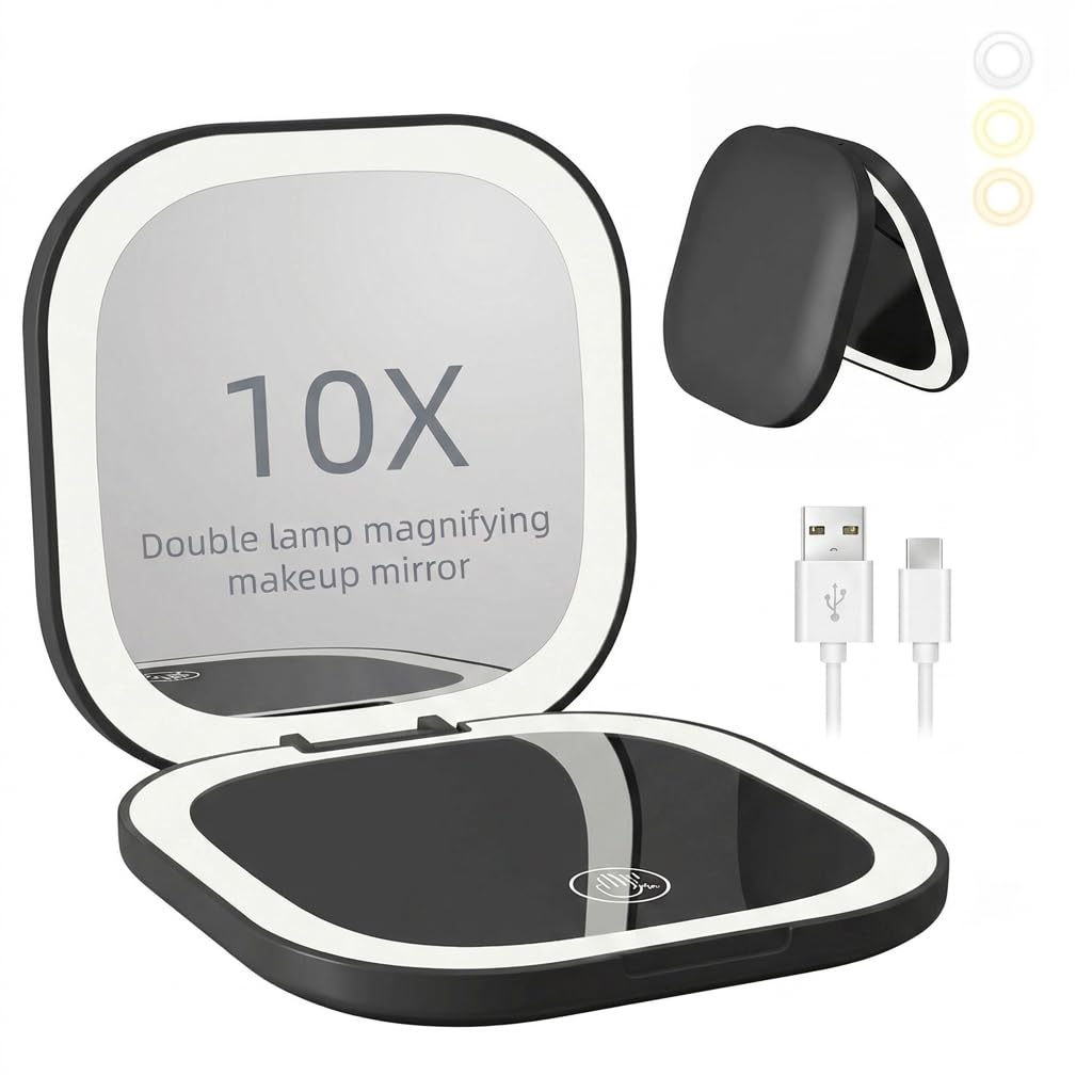 Miroir grossissant double face 10X de poche pliable et lumineux pour retouches maquillage
