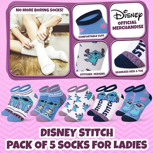 Image of Disney Stitch Ankle Socks for Women, Teens US Size 4-9, Pack of 5 Casual Ladies Socks, Gifts for Her