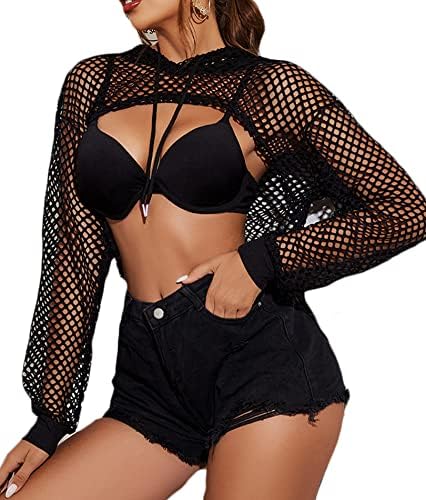 Avidlove Damen Sexy Top Langarm Oberteil Mesh Hoodie Festival Outfit Crop Shirt Neon Netzoberteil Fischnetz Kapuze Halloween Rave Schwarz S