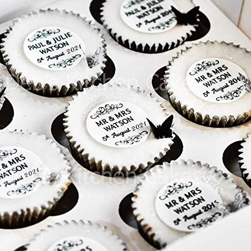 Personalised Wedding Cupcake Toppers Black and White Wedding Cake