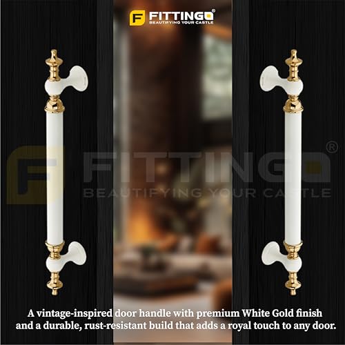 Image of Vintage Royal Main Door Handle | 24 Inch Premium Pull Push Handle for Home, Office, Hotels & Villas | Stainless Steel White Gold Finish |Hole to Hole 600mm | 3 Years Warranty