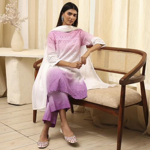 Image of BIBA Women Cotton Straight Dyed Suit Set