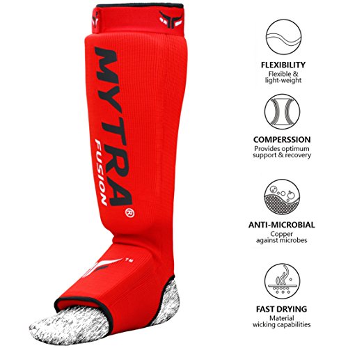 Mytra Fusion Shin Pads Instep Protector Kick Boxing Muay Thai Training Elasticated Shinpads (Red, L/XL)