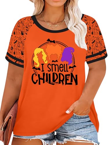Plus Size Halloween Shirts for Women Hocus Pocus Shirt Sanderson Sisters Graphic Tshirt I Smell Children Fall Tee Tops(Orange3 4X-Large)