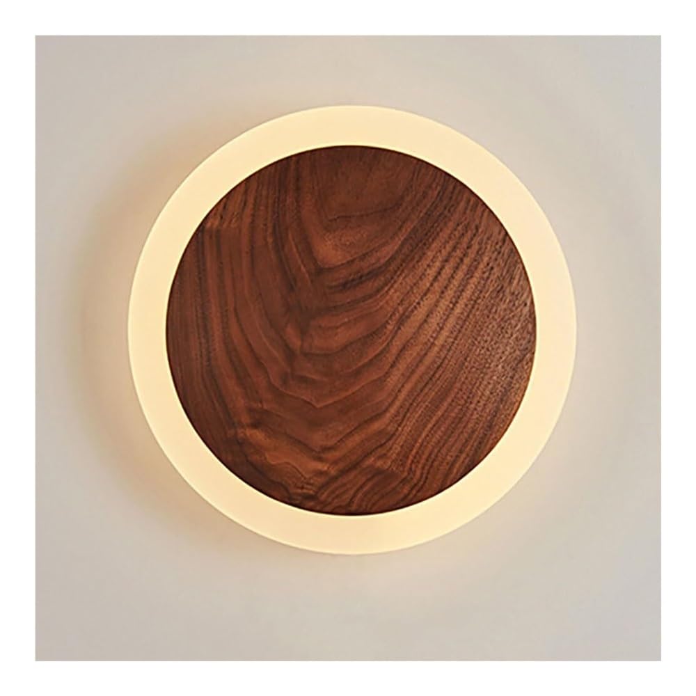 SMCCYYSD Round Walnut Wall Sconce Wooden Disc Lamp with White Acrylic Lampshade, Modern LED Lantern for Bedroom Bedside Living Room Study Corridor Entryway Restaurant