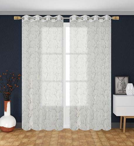 Image of littlelotus Tree Print Tissue Net Sheer Transparent Grommet Curtains for Door 7 feet Long Set of 2, White