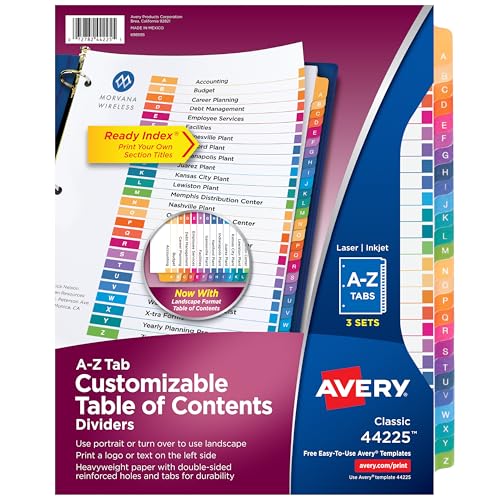 Avery A-Z Dividers for 3 Ring Binders, 26 Tabs per Set, Customizable Table of Contents, Multicolor...