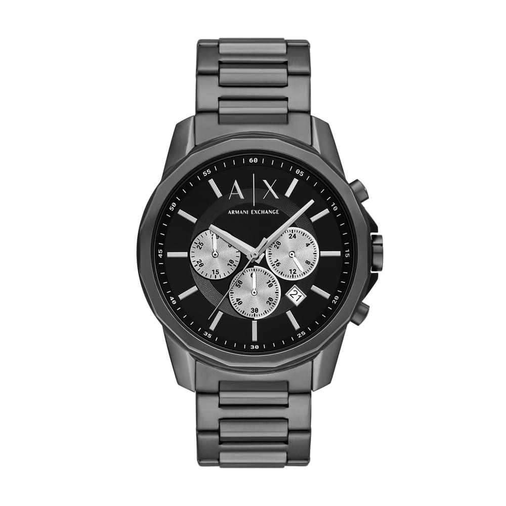 Armani Exchange Black Watch For Men, Quartz Chronograph movement and 44mm Case Size with Stainless steel strap