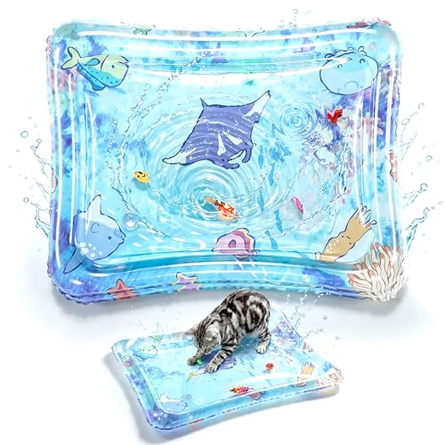 PURETOY Cat Water Mat Interactive TPU Thickened Water Bed with Glowing Fish Hot & Cold Reusable Cooling Pad for Cats Enrichment Sensory Toy for Exercise & Hunting