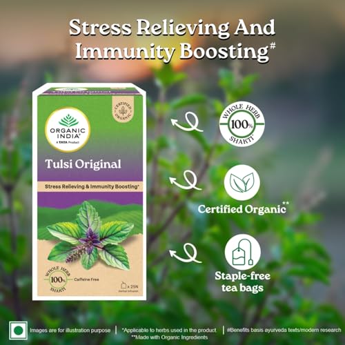 Image of A TATA Product - Organic India Tulsi Original - 25 Tea Bags, Caffeine-Free Herbal Tea with Tulsi, Natural Detoxifier, Rich in Antioxidants, Convenient Staple-Free Bag