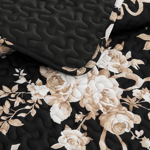 Image of Andency Quilt Queen Size, Black Flower Bedspread Queen Size, 3 Pieces Soft Bedding Set, Lightweight Coverlet Set for All Season with 2 Pillowcases (96 inchx90 inch)