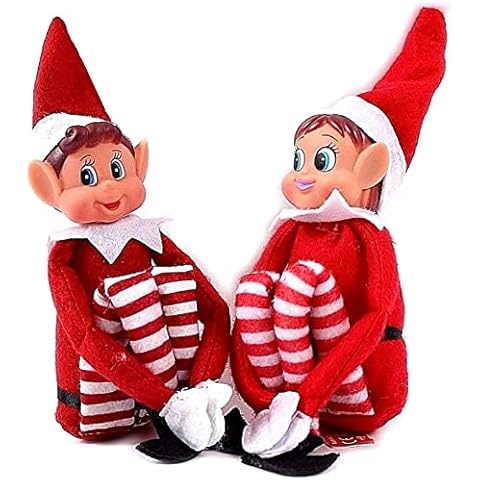 WHITE HILL Elfie & Elvie - (Boy and Girl) Set - With Velcro in Hands - Long Legged Elf Soft Plush Toy - Christmas Novelty Toys - Elf with Hat & Tag for Christmas Holiday New Year Decoration Gift Cover