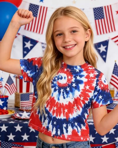 Image of DDSOL Girls July 4th Crop Tops Patriotic Shirt Short Sleeve Tshirts