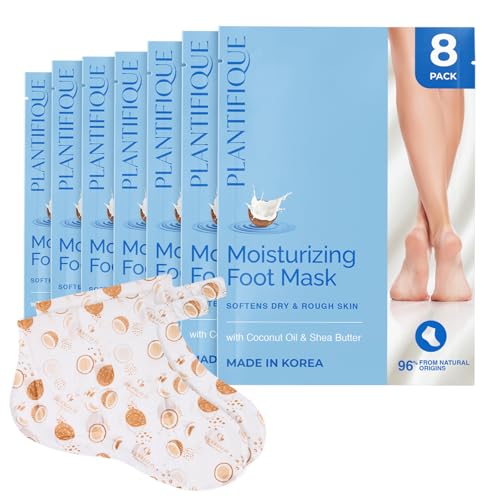 PLANTIFIQUE Korean Foot Mask for Dry Cracked Feet, 8 Pairs &amp; Box | Hydrating &amp; Moisturizing Socks for Baby Soft Feet - Softens Heels with Coconut Oil &amp; Shea Butter, Mascarilla Pies