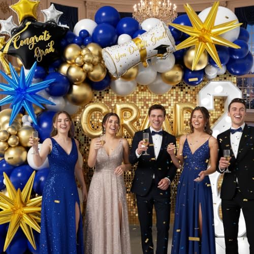 Image of Royal Blue and Gold Graduation Balloons Garland Arch Kit 153Pcs, Graduation Decorations 2026 with Grad Cap, Certificate & Star Foil Balloons for Class of 2026 College High School Prom Supplies