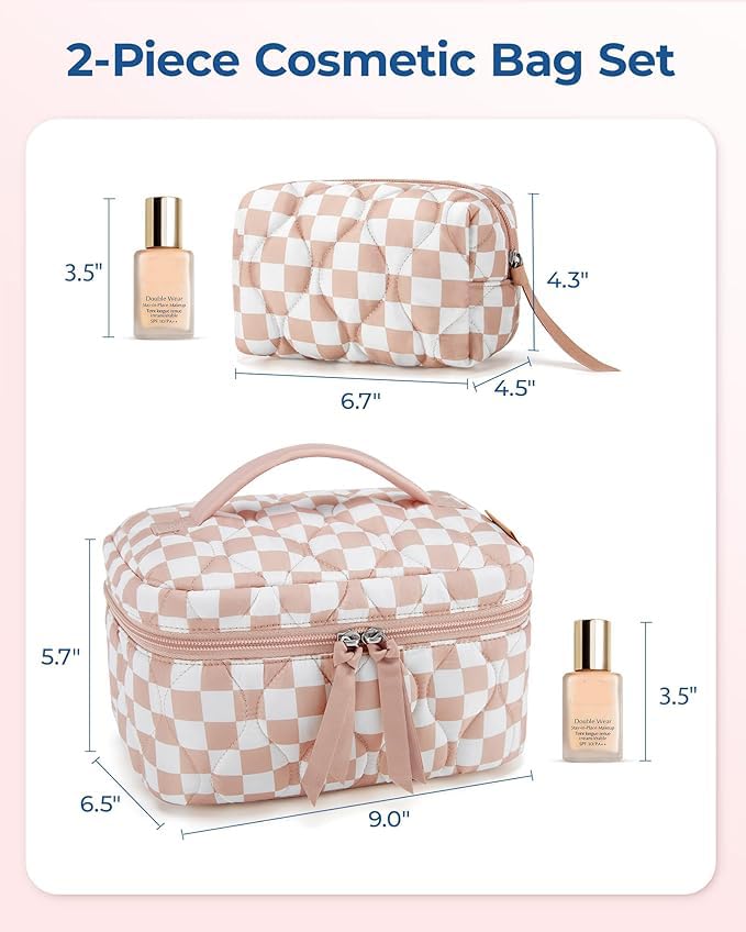 Image of BAGSMART Travel Makeup Bag, 2-Piece Puffy Quilted Cute Make Up Bag Cosmetic Bags for Women, Large Wide-Open Toiletry Pouch Gifts for Toiletries Accessories Travelling Essentials, Checkered Khaki