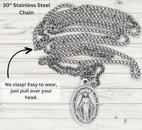 Miraculous Medal Necklace 30" Stainless Steel Chain - Our Blessed Mother Chain Catholic Jewlery for Women, Couples, Unisex Religious Medal Necklace4