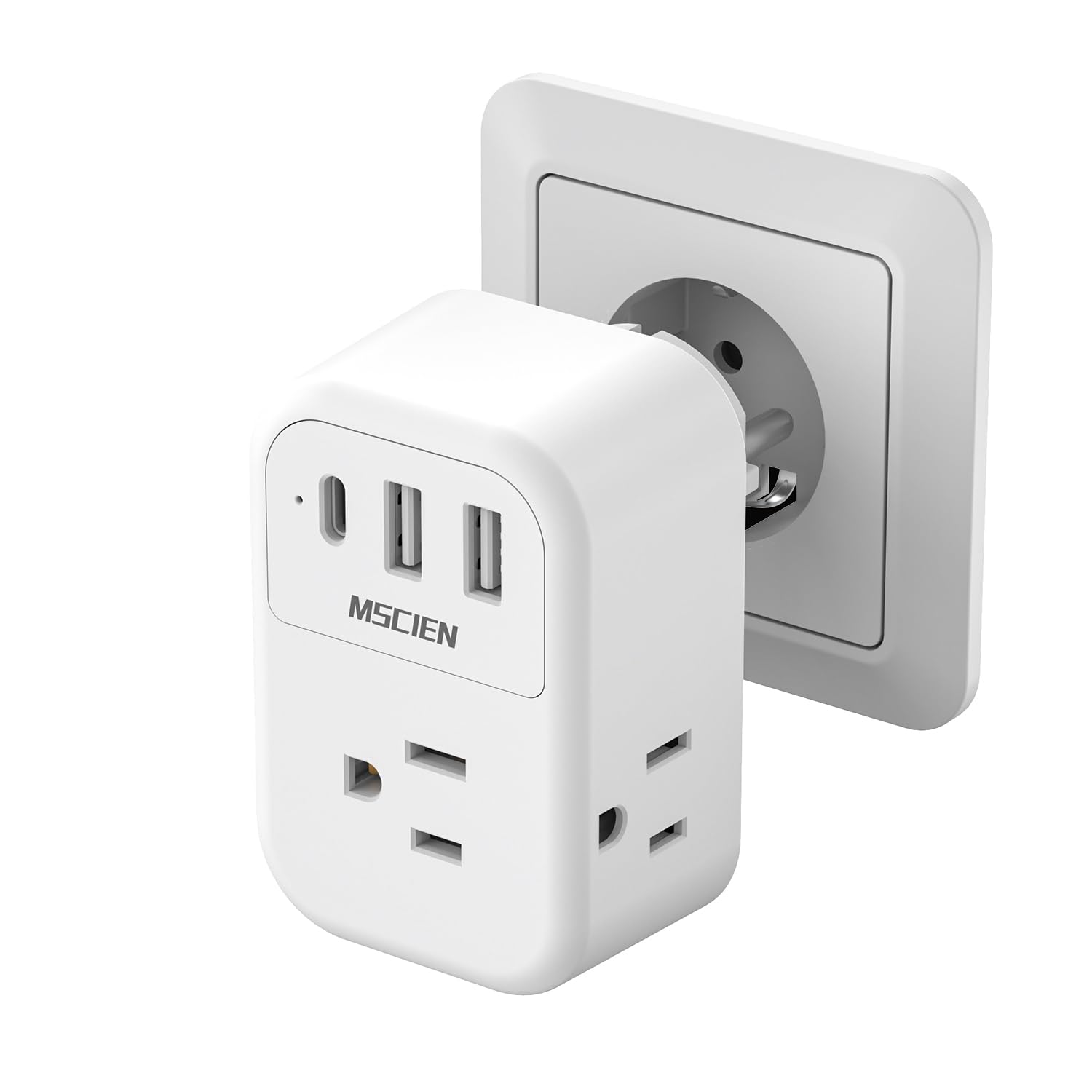 Mscien Adaptateur de voyage type E/F, Allemagne, France, adaptateur secteur, prise Schuko avec 3 prises CA, 3 USB (1 USB C), adaptateur prise US vers Europe, UE