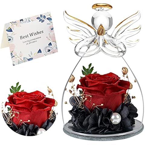 Angel Figurines Eternal Rose ,Eternal Rose in a Glass Dome,Eternal Rose Angel,Preserved Flowers for Women Birthday Christmas Valentine's Day Wedding gifts for mothers and wives (Red) Cover