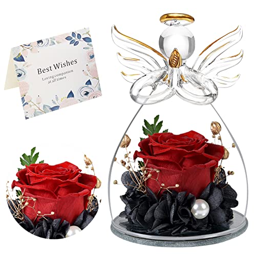 Engel Figuren Ewige Rose ,Ewige Rose in Einer Glaskuppel,Ewige Rose Engel,Konservierte Blumen für Frauen Geburtstag Weihnachten Valentinstag Hochzeitsgeschenke für Mütter und Frauen (rot) Cover