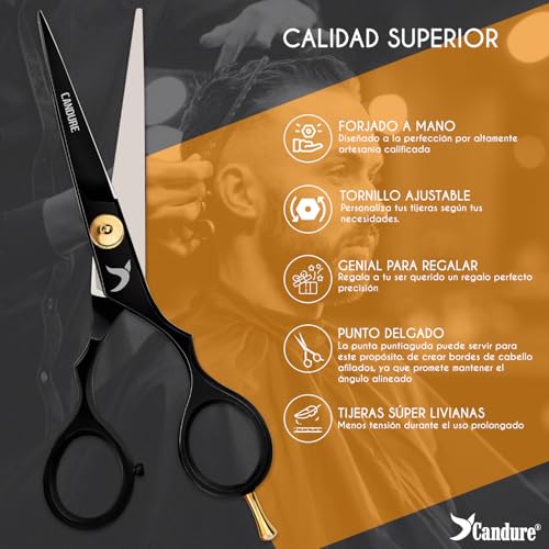 Candure Tijeras Peluqueria con peine y estuche de cuero 6.5" – Tijeras Pelo para peluqueros profesionales, barberos y uso personal para adultos y niños (Negro) - imagen 3