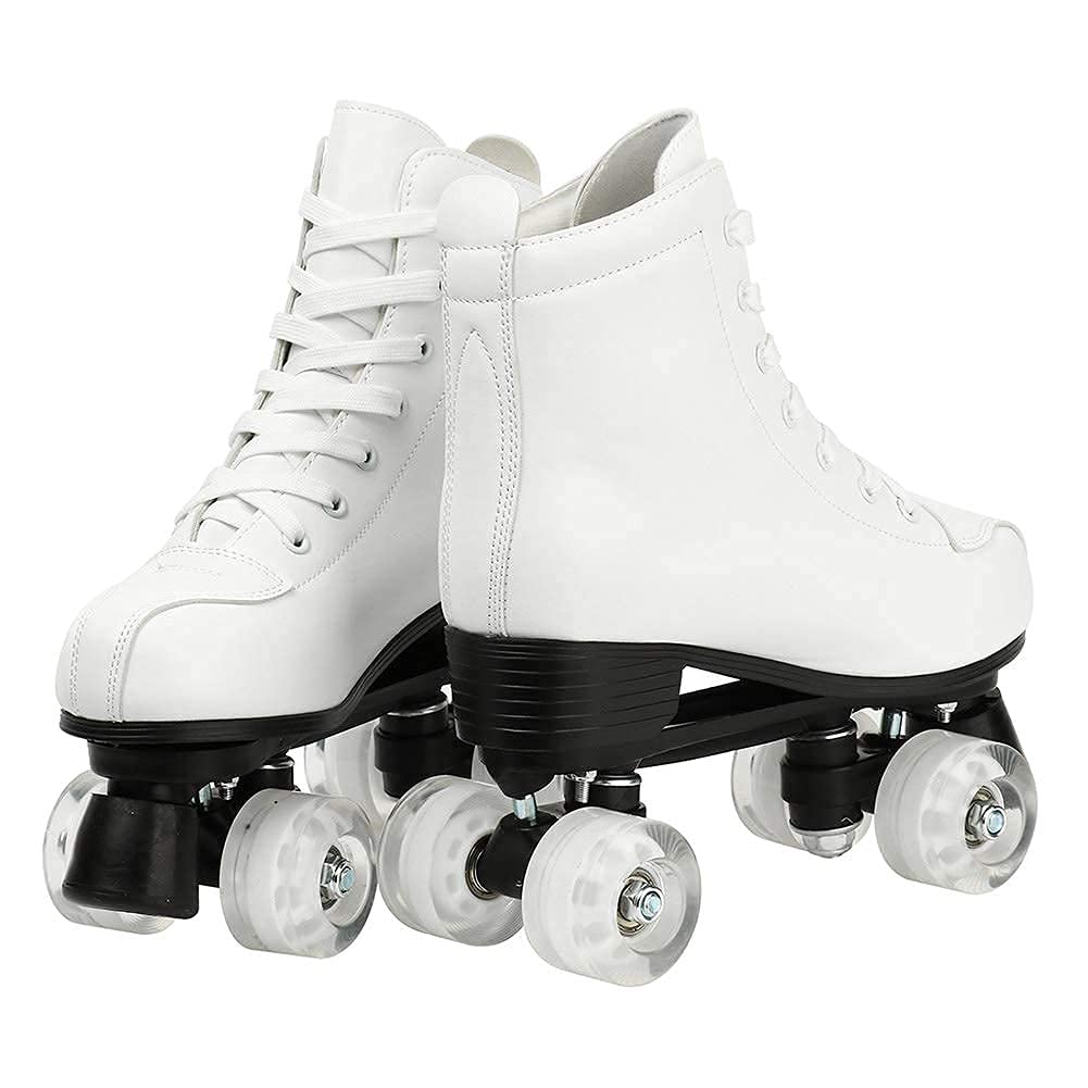 MU Patines de Rodillos para Mujer, Cuero Pus Patines de Rodillo de Alto Nivel de Cuatro Ruedas Patines para Rodillos Brillantes Patines para Niñas Unisex,Blanco,Us 6/37