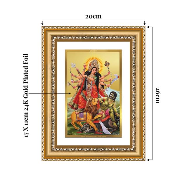 Image of DIVINITI Durga-Mahishasura Mardini 24K Gold Plated Foil Wall and Tabletop Photo Frame for Home Decor, Puja Room, Luxury Gifting | DG Frame 112 S2.5 (26x20 CM)