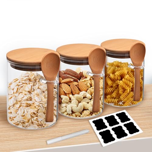 Gigmeta Vorratsgläser mit Deckel und Löffel 3er Set 540ml Vorratsdosen aus Glas mit Bambusdeckel, Küche luftdicht Aufbewahrungsgläser...