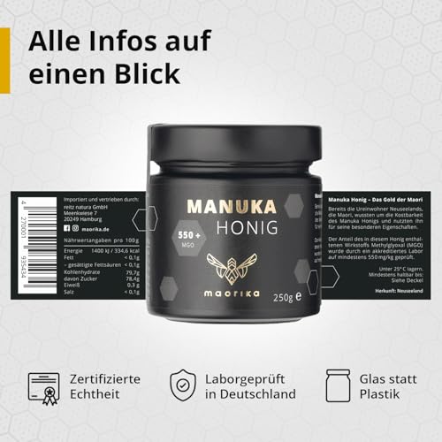 maorika - Manuka Honig 550 MGO + 250g im Glas (lichtundurchlässig, kein Plastik) - laborgeprüft, zertifiziert aus Neuseeland