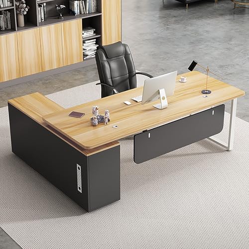 社長デスク L字デスク 社長机 役員 パソコン オフィス 法人様向け エグゼクティブ 閉じた収納キャビネット付き 、左右切替サイドキャビネット、事務机 書斎 ライトウォールナット4 160×80×75 cm