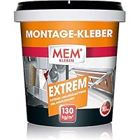 MEM Montage-Kleber Extrem, Pastöser Dispersionsklebstoff, Hohe Anfangshaftung und Endfestigkeit, Für verschiedene Untergründe, Lösemittelfrei, Inklusive Spachtel, 1 kg-Dose, Weiß