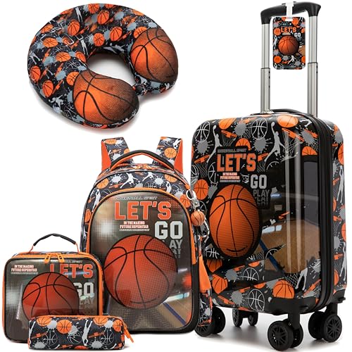 Image of Kids Basketball Suitcase Set for Boys Hardside Luggage with Spinner Wheels 5 Piece 16inch Toddler Suitcase for Boys Travel Carry on Luggage Airline Approved