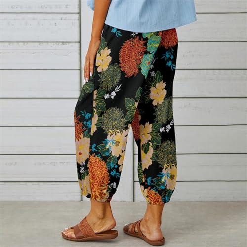 Women's Casual Capri Wide Leg Pants Floral Print Baggy Harem Pant with Pockets4