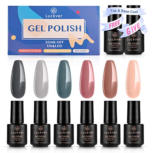 8pcs Gel Nail Polish Set. Nude Gray Pink Classic 6 Colors Nail Gel Polish, Soak Off UV Gel Nail Polish KIt with Glossy Top Coat and Base Coat, Home DIY Manicure Kit Gift Box