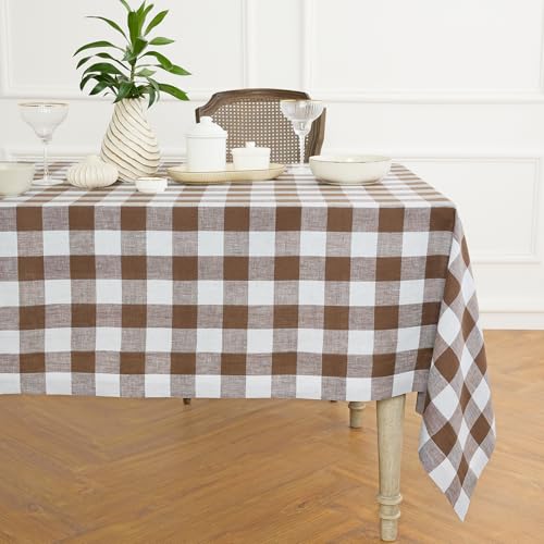 Solino Home Checkered Tablecloth 60 x 90 Inch - 100% Pure Linen Coco Brown and White Buffalo Check Table Cloth for Rectangle Tables - Machine Washable Tablecloth by Solino Home - Used condition - US$20.78