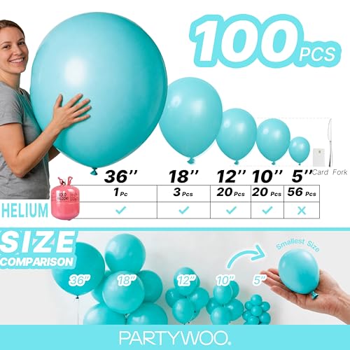 Image of PartyWoo Teal Balloons, 100 pcs Teal Blue Different Sizes Pack of 36 Inch 18 Inch 12 Inch 10 Inch 5 Inch Turquoise for Balloon Garland or Balloon Arch as Party Decorations, Teal-Y69