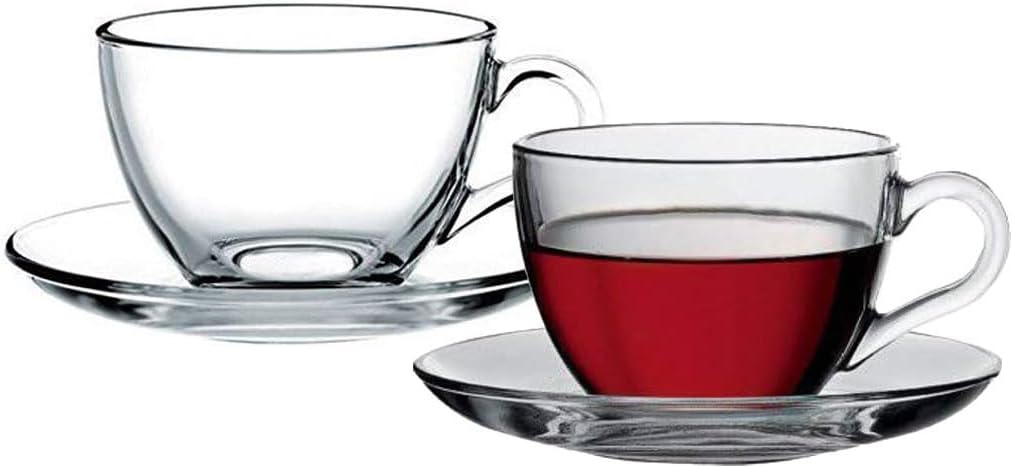 Glassware - Imported Glass Tea Cup & Saucer Set, Clear Cups, 220 ml Capacity - Durable - Tea Cup Set | 2 Cups & 2 Saucers
