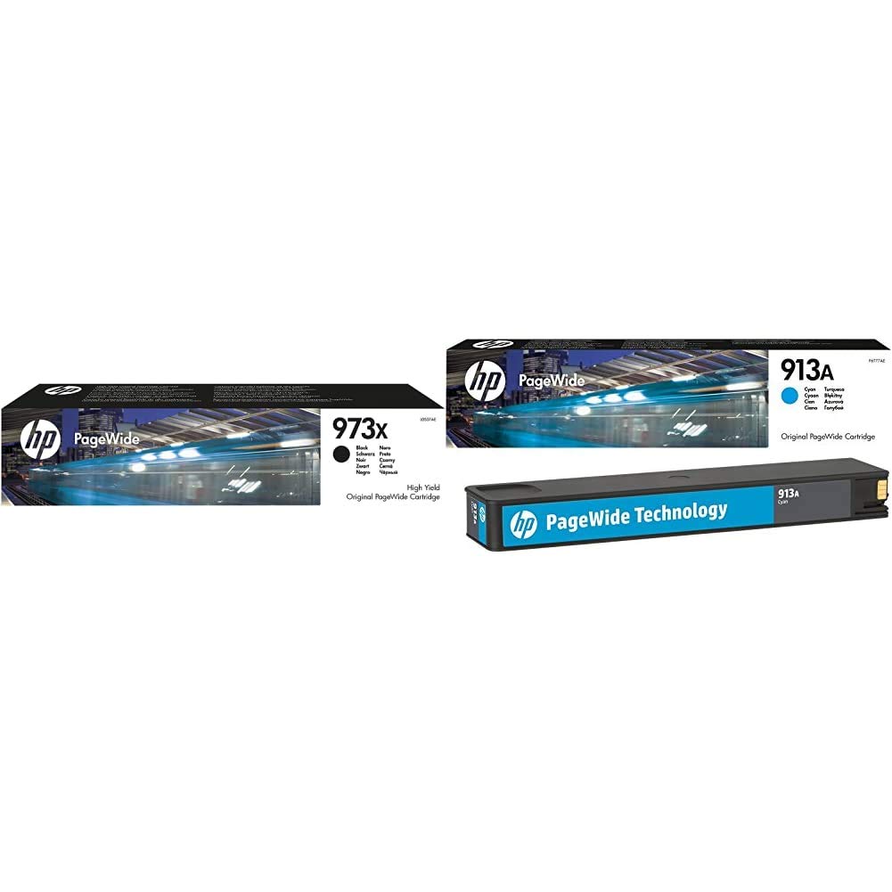 HP 973X L0S07AE Haut rendement, Cartouche d'encre Authentique, imprimantes PageWide Pro 452/477/552/577, Noir & 913A F6T77AE Cartouche Authentique, imprimantes PageWide, Cyan