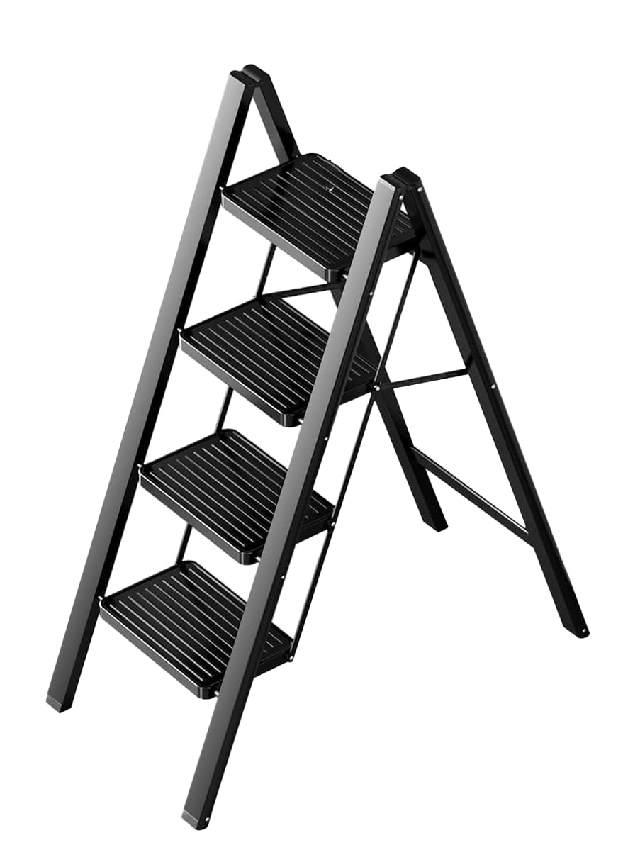 SUNRISE Step Ladder, 4 Step Folding Step Stool,Steel Metal Step Stools Non-Slip Pedal,Small Portable Ladder Kitchen Lightweight Home Office Ladders (4 Steps, Black)