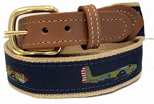 Warbirds Leather Tip Belt, Navy Ribbon on Khaki Web or Khaki Ribbon on Navy Web