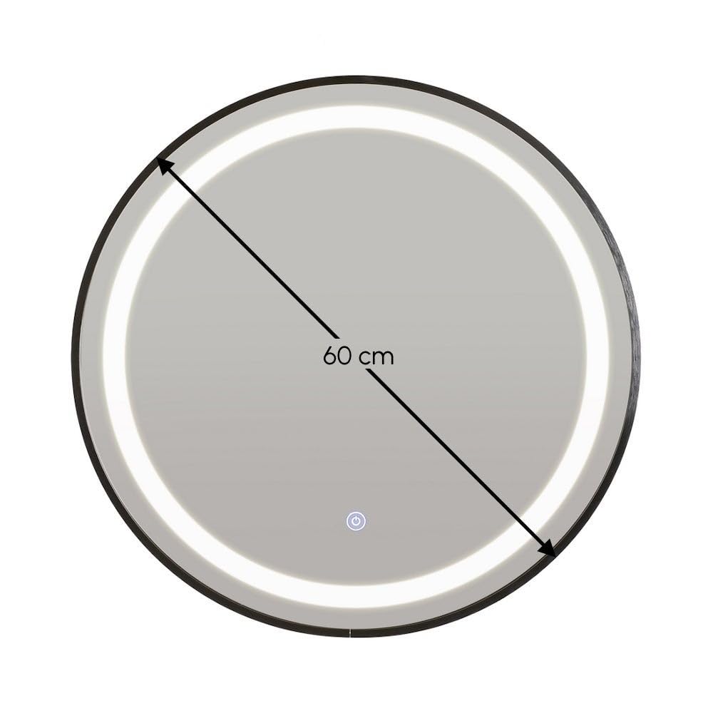 LOLAhome Espejo de Pared Redondo Marco Negro con luz LED Blanca de 60 cm